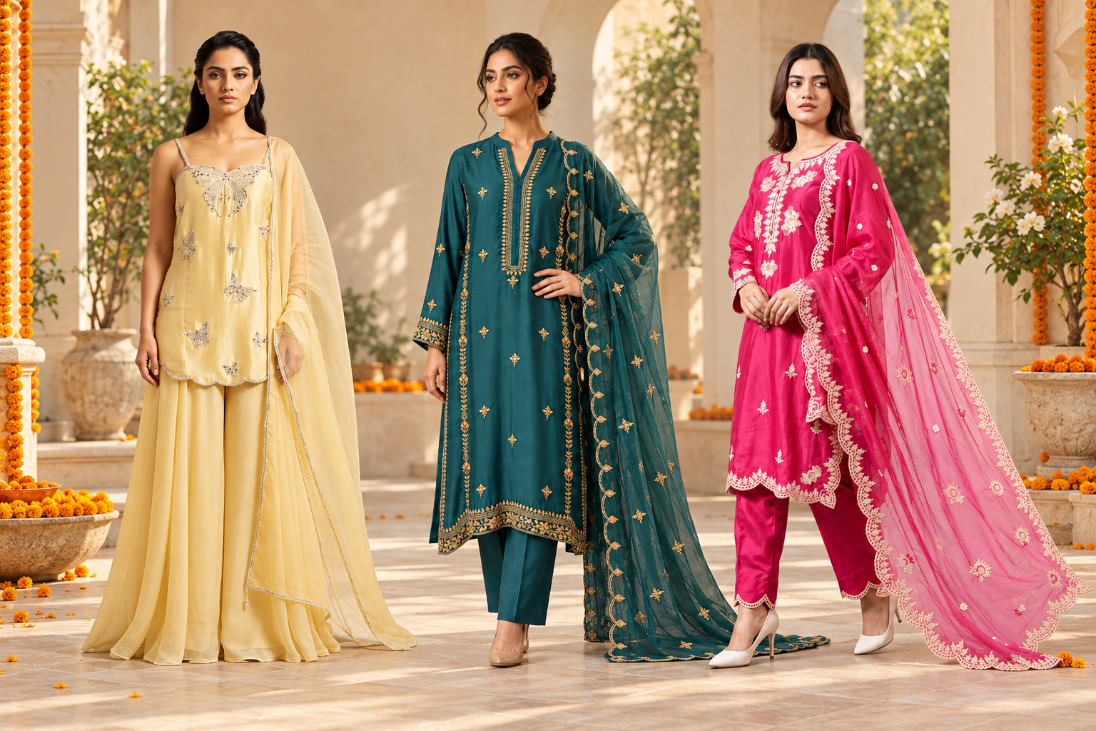 Zeesh Zee-00022, Zee-00030 and Zee-00027 outfits styled for a mehndi celebration
